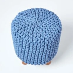 Blue Tall Cotton Knitted Footstool On Legs -Best Homeware Store sf2014a 03