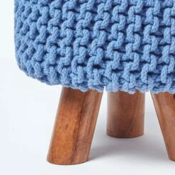 Blue Tall Cotton Knitted Footstool On Legs -Best Homeware Store sf2014a 04