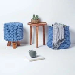 Blue Tall Cotton Knitted Footstool On Legs -Best Homeware Store sf2014a 06