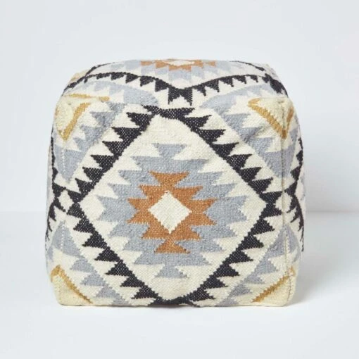 Agra Gold And Black Kilim Footstool Handwoven Beanbag Pouffe 43 X 43 Cm -Best Homeware Store sf2066 1