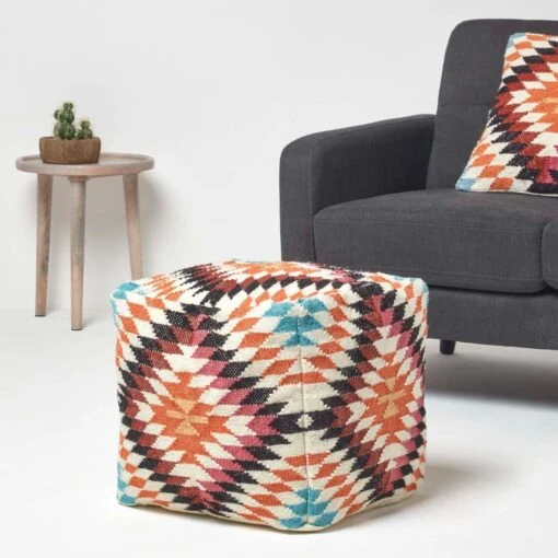 Manila Orange And Pink Kilim Footstool Handwoven Beanbag Pouffe 43 X 43 Cm -Best Homeware Store sf2070 2