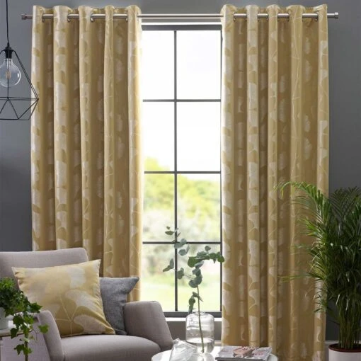 Ochre Ginkgo Eyelet Curtain Pair -Best Homeware Store sf2081 11