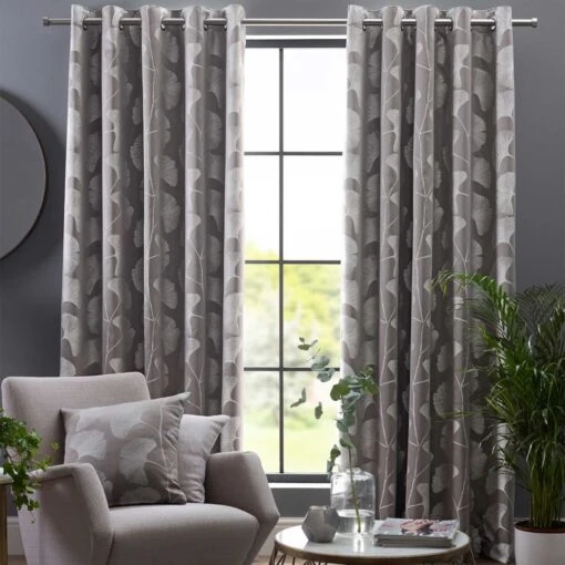 Grey Ginkgo Eyelet Curtain Pair -Best Homeware Store sf2083 10