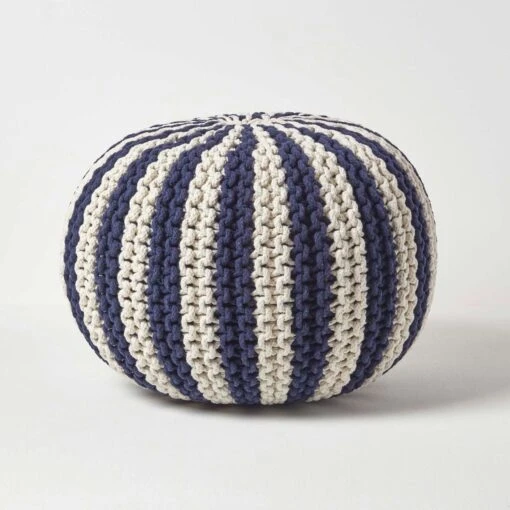 Navy And White Knitted Pouffe Striped Footstool -Best Homeware Store sf2120b 1 1