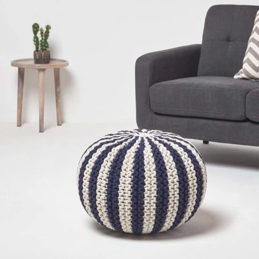 Navy And White Knitted Pouffe Striped Footstool -Best Homeware Store sf2120b 2 1