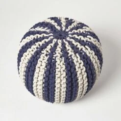 Navy And White Knitted Pouffe Striped Footstool -Best Homeware Store sf2120b 3 1