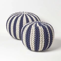 Navy And White Knitted Pouffe Striped Footstool -Best Homeware Store sf2120b 5 1