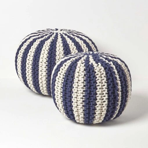 Navy And White Knitted Pouffe Striped Footstool -Best Homeware Store sf2120b 5 1