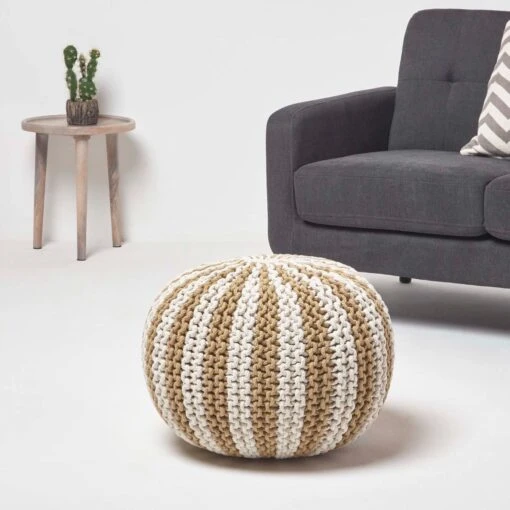 Off White And Linen Knitted Pouffe Striped Footstool -Best Homeware Store sf2122b 2 1