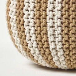 Off White And Linen Knitted Pouffe Striped Footstool -Best Homeware Store sf2122b 4 1