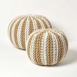 Off White And Linen Knitted Pouffe Striped Footstool -Best Homeware Store sf2122b 5 1