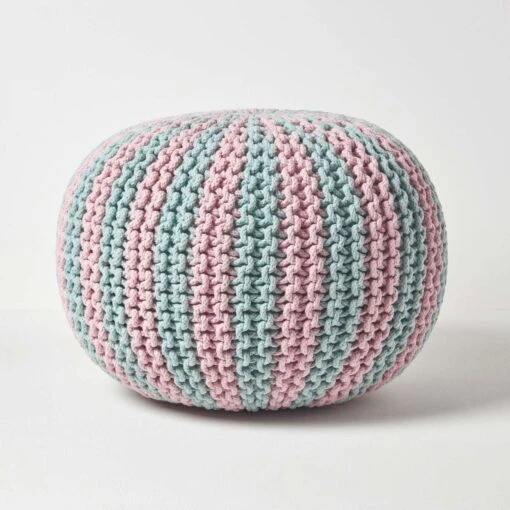 Pink And Blue Knitted Pouffe Striped Footstool -Best Homeware Store sf2123b 1 1