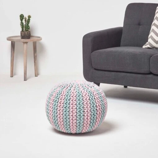 Pink And Blue Knitted Pouffe Striped Footstool -Best Homeware Store sf2123b 2 1