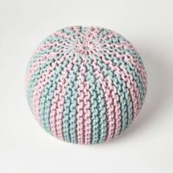 Pink And Blue Knitted Pouffe Striped Footstool -Best Homeware Store sf2123b 3 1