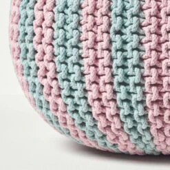 Pink And Blue Knitted Pouffe Striped Footstool -Best Homeware Store sf2123b 4 1