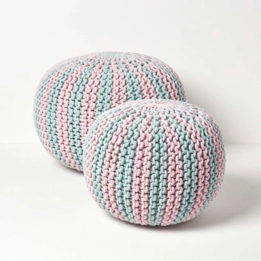 Pink And Blue Knitted Pouffe Striped Footstool -Best Homeware Store sf2123b 5 1