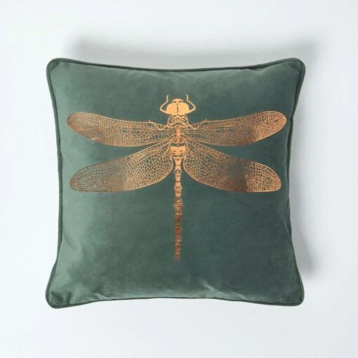 Gold Dragonfly Green Velvet Filled Cushion, 43 X 43 Cm -Best Homeware Store sf2151 1