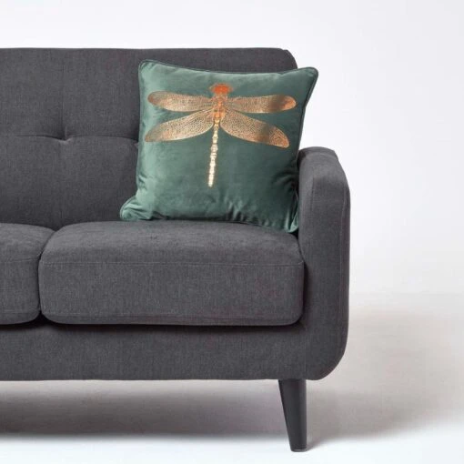 Gold Dragonfly Green Velvet Filled Cushion, 43 X 43 Cm -Best Homeware Store sf2151 3