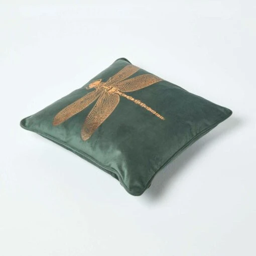 Gold Dragonfly Green Velvet Filled Cushion, 43 X 43 Cm -Best Homeware Store sf2151 5