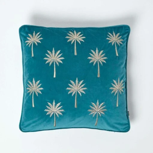 Gold Palm Tree Teal Filled Velvet Cushion, 45 X 45 Cm -Best Homeware Store sf2154b 1