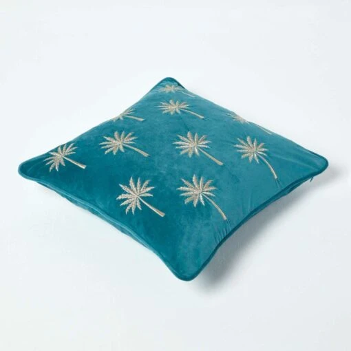 Gold Palm Tree Teal Filled Velvet Cushion, 45 X 45 Cm -Best Homeware Store sf2154b 5