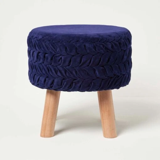 Lyla Blue Pleated Velvet Footstool, 40 Cm Tall -Best Homeware Store sf2173b 1 1