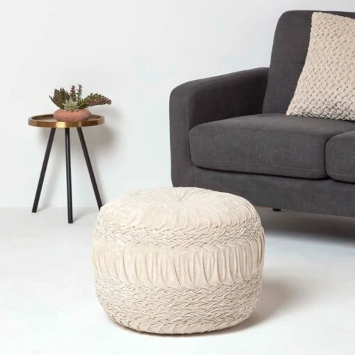 Sofia Pleated Velvet Cream Pouffe -Best Homeware Store sf2175a 2