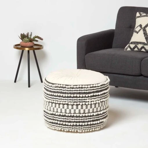 Priya Cream & Black Macrame Boho Pouffe -Best Homeware Store sf2179 02