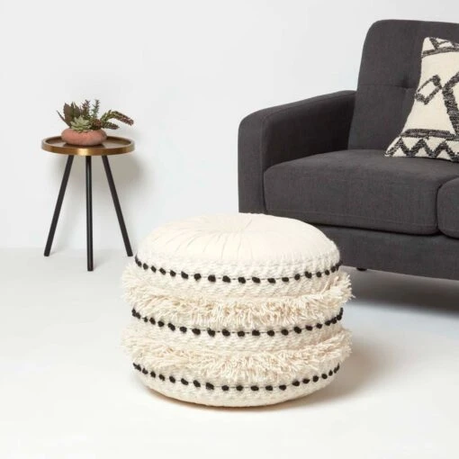 Sahara Cream & Black Macrame Tufted Boho Pouffe -Best Homeware Store sf2180 02