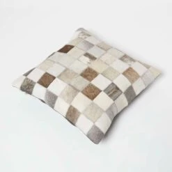 Block Check Grey Leather Cushion 45 X 45 Cm -Best Homeware Store sf2181 5