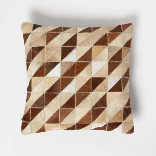 Diamond Check Cream & Brown Leather Cushion 45 X 45 Cm -Best Homeware Store sf2184 1