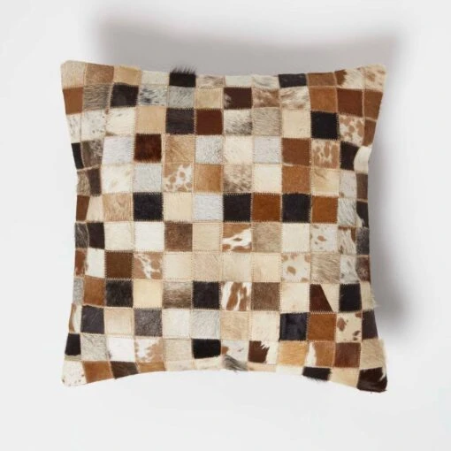 Small Block Check Brown & Cream Leather Cushion 45 X 45 Cm -Best Homeware Store sf2185 1