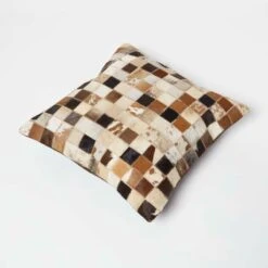 Small Block Check Brown & Cream Leather Cushion 45 X 45 Cm -Best Homeware Store sf2185 5