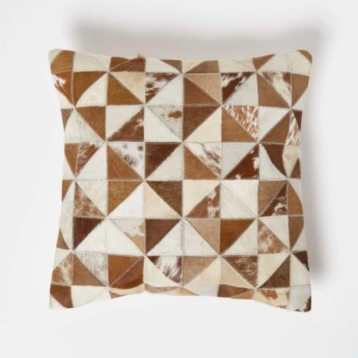 Diamond Check Brown & Cream Hide Leather Cushion 45 X 45 Cm -Best Homeware Store sf2187 1