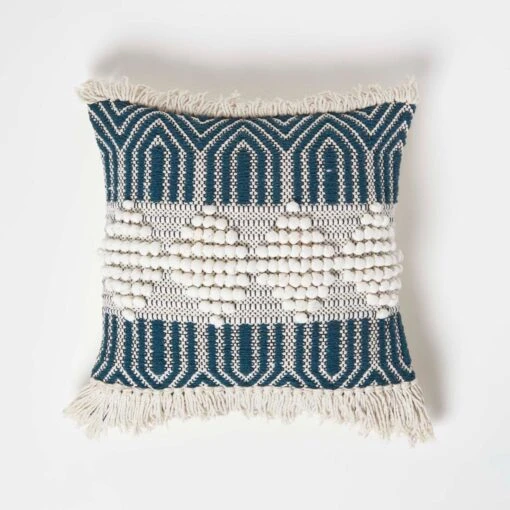 Safi Handwoven Fringed Navy & Cream Kilim Cushion 45 X 45 Cm -Best Homeware Store sf2235 1