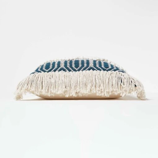 Safi Handwoven Fringed Navy & Cream Kilim Cushion 45 X 45 Cm -Best Homeware Store sf2235 4