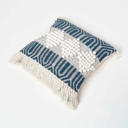 Safi Handwoven Fringed Navy & Cream Kilim Cushion 45 X 45 Cm -Best Homeware Store sf2235 5