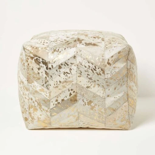 Gold & Grey Geometric Diamond Leather Pouffe Bean Cube -Best Homeware Store sf2244 1