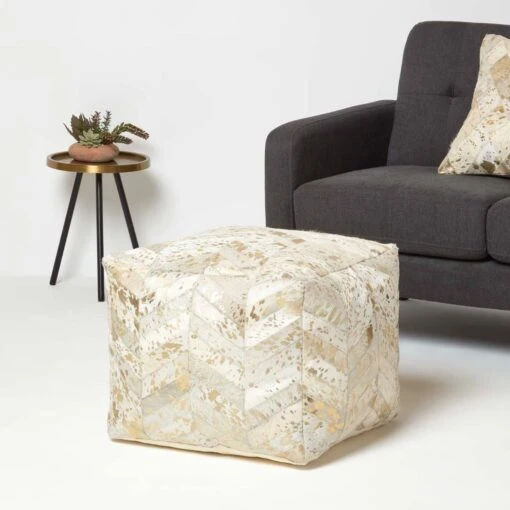 Gold & Grey Geometric Diamond Leather Pouffe Bean Cube -Best Homeware Store sf2244 2