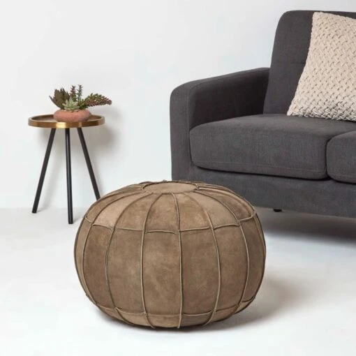 Brown Leather & Suede Round Pouffe Footstool -Best Homeware Store sf2245 2