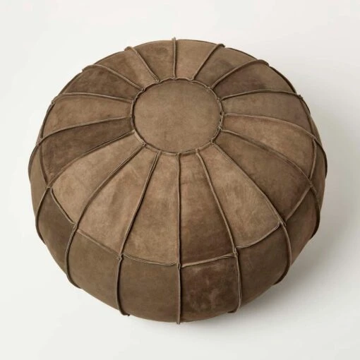 Brown Leather & Suede Round Pouffe Footstool -Best Homeware Store sf2245 5