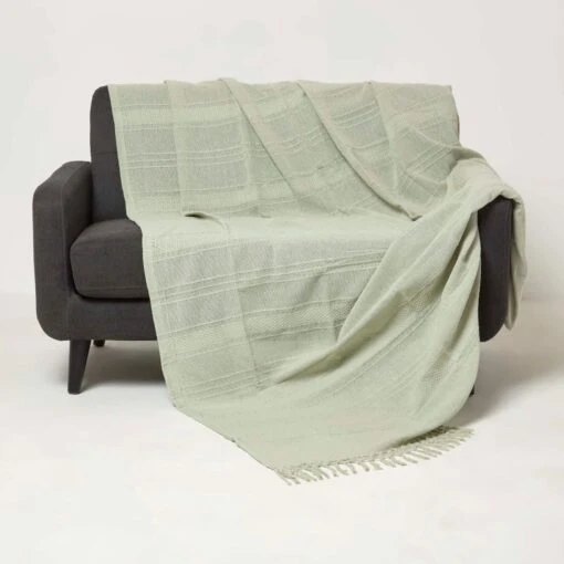 Kashi Sage Green Cotton Throw With Tassels -Best Homeware Store sf2265a 1 3