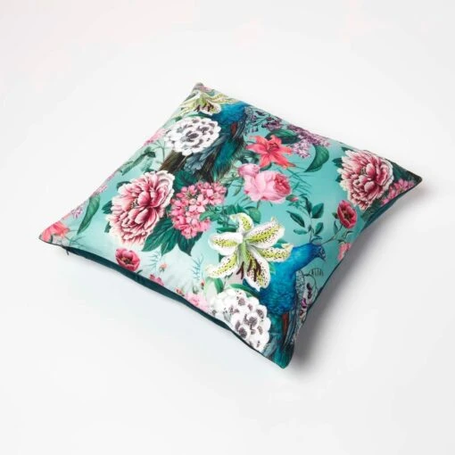 Floral Peacock Pink & Green Filled Velvet Cushion 46 X 46 Cm -Best Homeware Store sf2311b 5