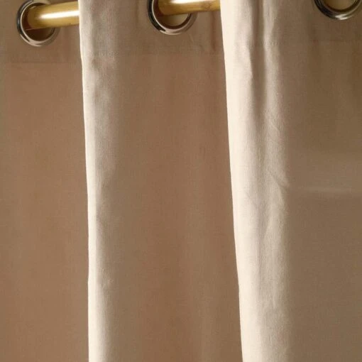 Cotton Plain Beige Ready Made Eyelet Curtain Pair -Best Homeware Store solid beige curtain close up shot