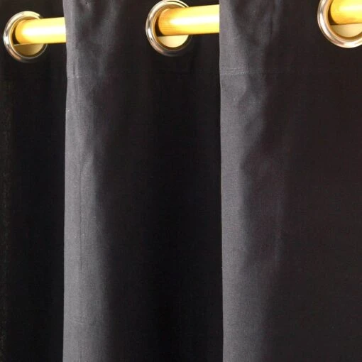 Cotton Plain Black Ready Made Eyelet Curtain Pair -Best Homeware Store solid black curtain close up shot