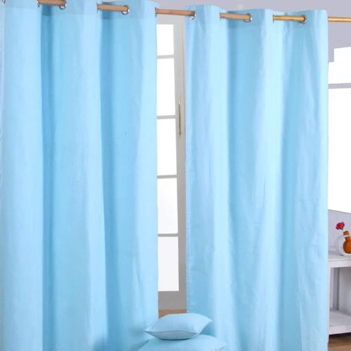 Cotton Plain Blue Ready Made Eyelet Curtain Pair -Best Homeware Store solid blue curtain set shot