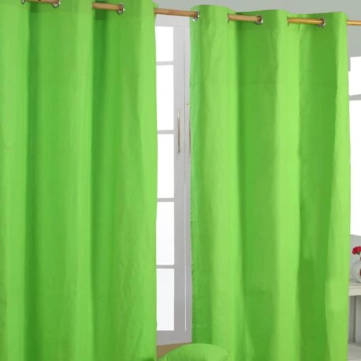 Cotton Plain Green Ready Made Eyelet Curtain Pair -Best Homeware Store solid green curtain set shot