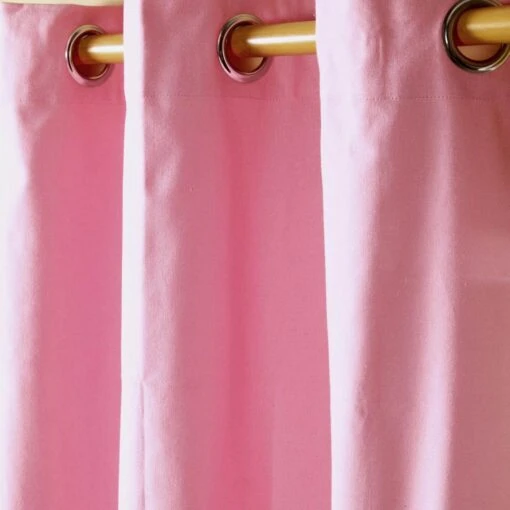 Cotton Plain Pink Ready Made Eyelet Curtain Pair -Best Homeware Store solid pink curtain close up shot