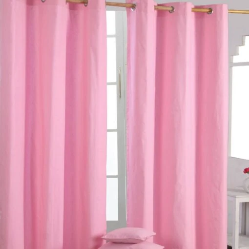 Cotton Plain Pink Ready Made Eyelet Curtain Pair -Best Homeware Store solid pink curtain set shot