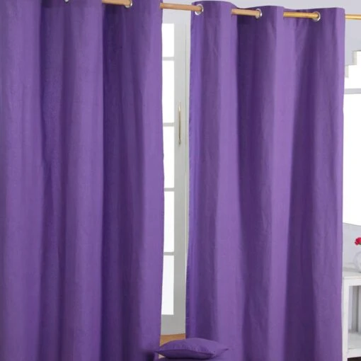 Cotton Plain Purple Ready Made Eyelet Curtain Pair -Best Homeware Store solid purple curtain set shot